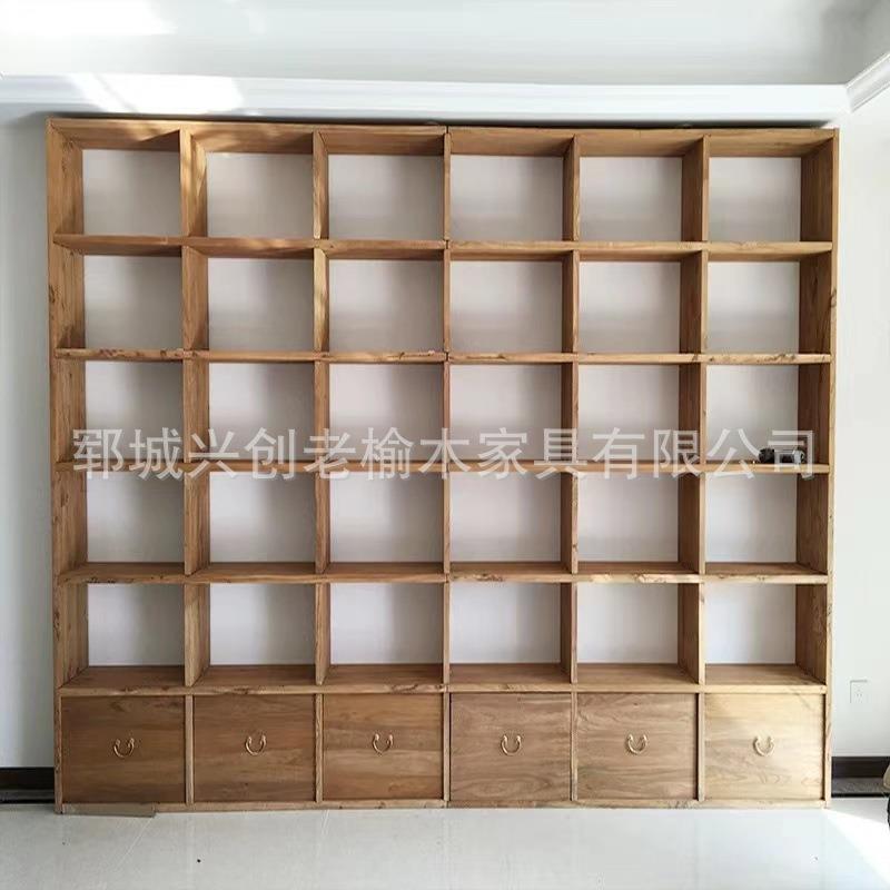 新中式实木书柜老榆木满墙书架漫咖啡隔断落地置物架茶具格子架