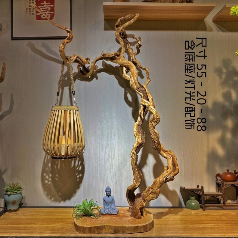 崖柏根树根台灯落地灯架摆设摆件天然原木随形树枝枯木风化木