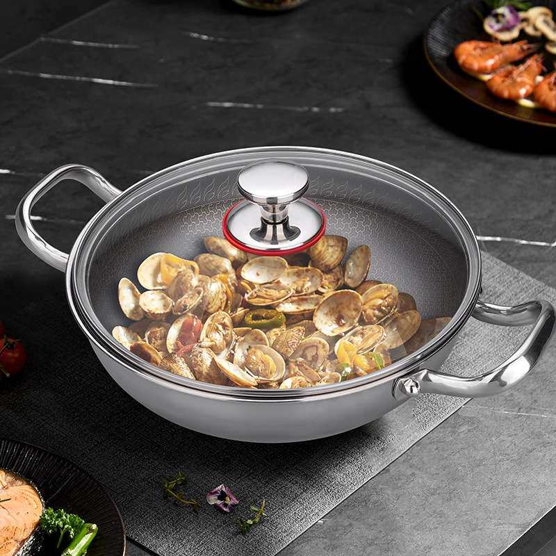 五层钢钛炒锅多功能双耳钛干锅无涂层不粘锅加厚干锅带盖亮光钛锅