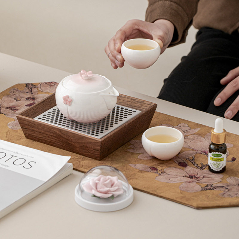 桃花茶具蝴蝶旅行户外便携女士个人专用茶具一壶二杯套装梦蝶陶瓷