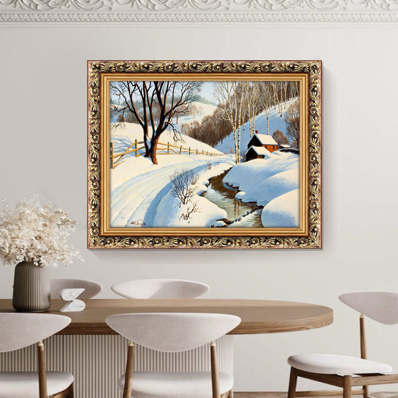 世界名画乡村雪景冬天远景仿油画田园风格风景装饰画走廊过道壁画
