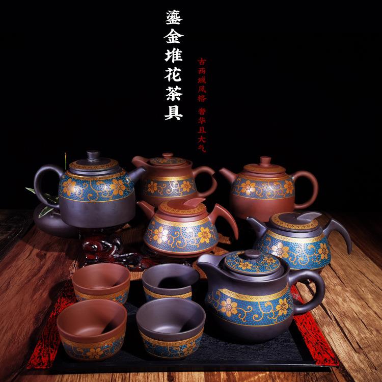 紫砂茶具鎏金堆花紫砂壶套装西域风情古典风格茶壶茶杯