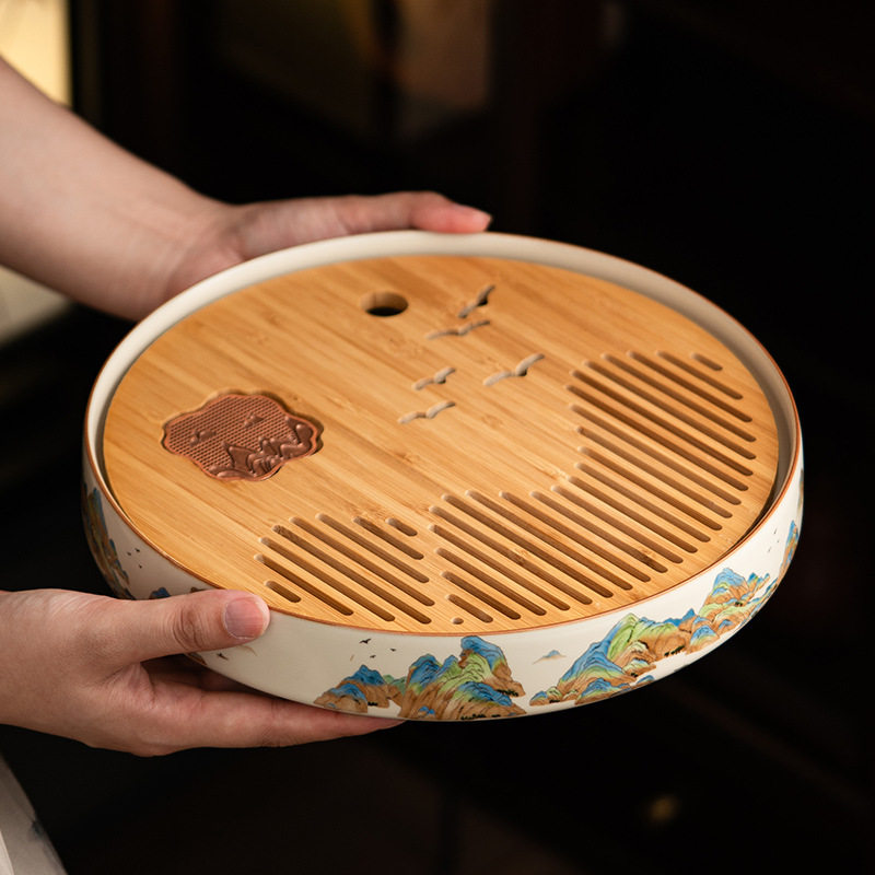 汝窑茶盘家用茶海沥水盘陶瓷圆形储水盘办公会客干泡茶台茶具托盘