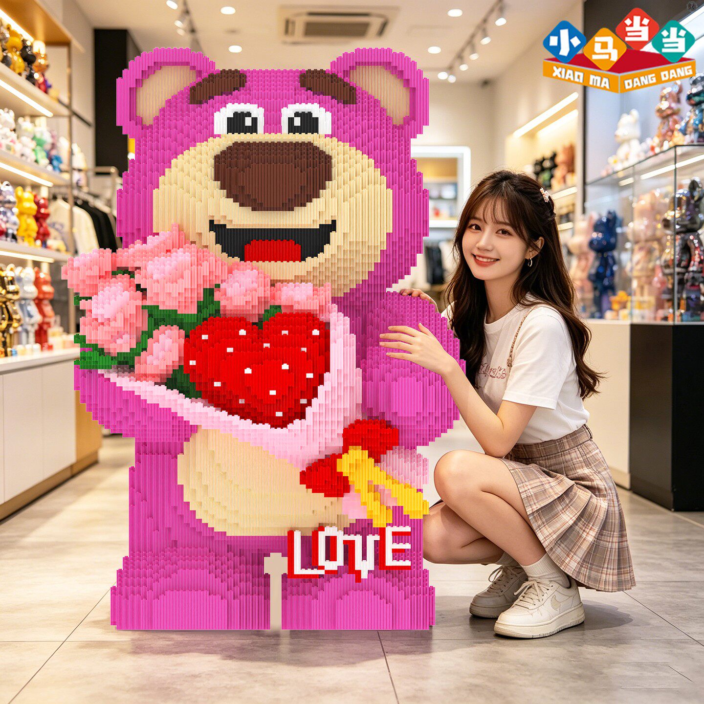 巨大70cm鲜花草莓熊积木拼装玩具大颗粒益智拼搭生日礼物客厅摆件