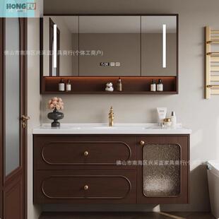 鸿福嘉月法式复古橡木实木浴室柜组合卫生间中古风一体陶瓷盆洗漱