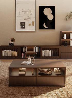 fLE中古风落地电视柜茶几一体组合边柜客厅家用复古收纳储物柜子