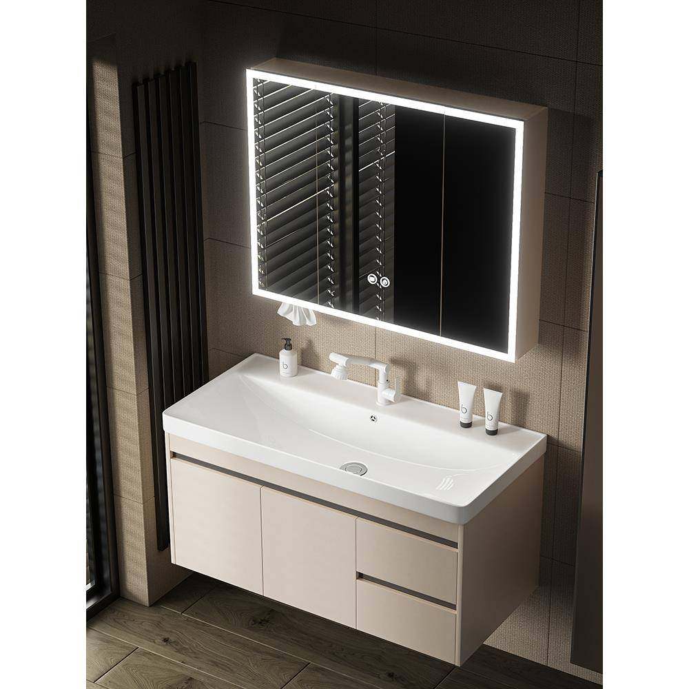 my奶油风蜂窝铝合金浴室柜组合陶瓷洗手池一体盆洗漱台卫生间洗脸