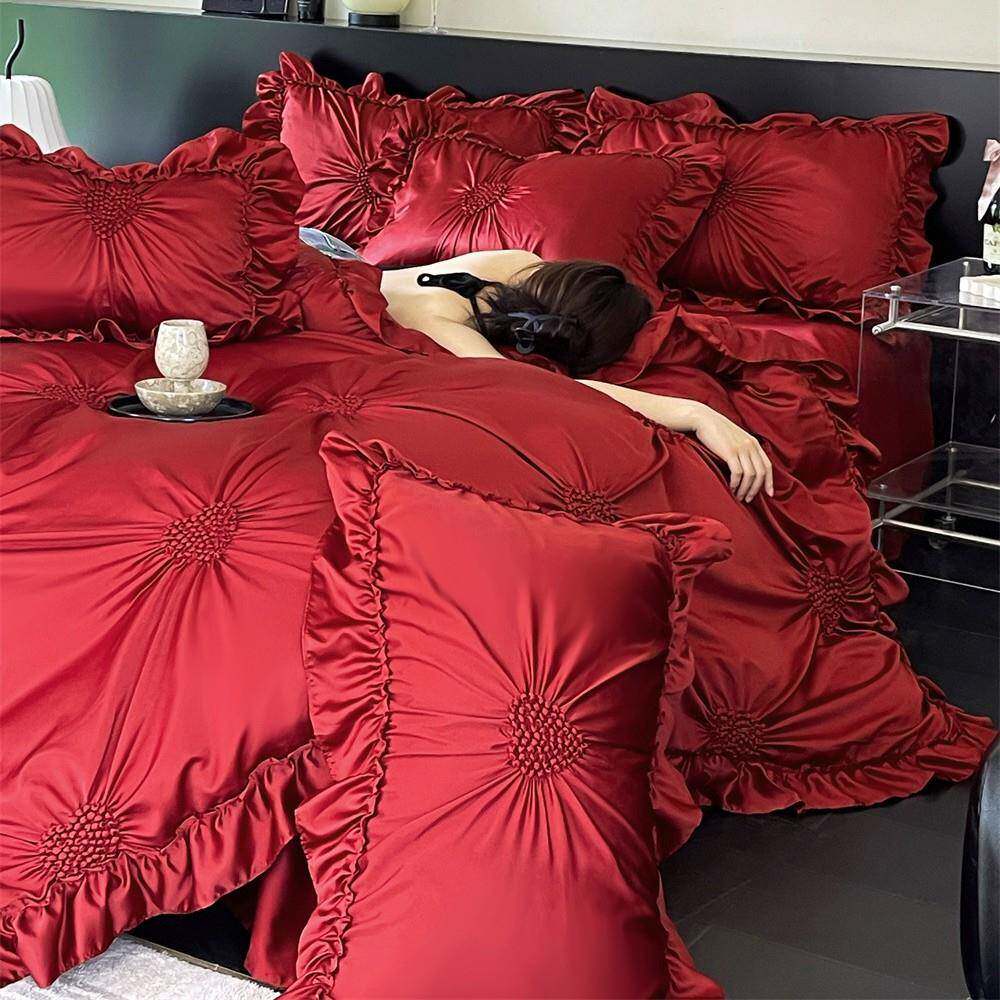 长绒棉+柔丝棉四件套简约花边婚庆款结婚红色被套床上用品