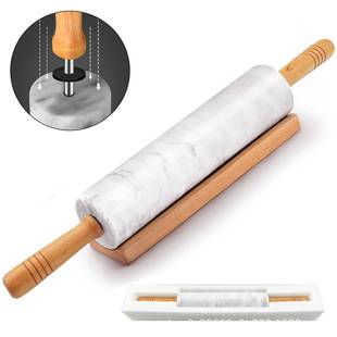 大理石擀面杖大号重型面粉压平滚轮带木柄和收纳木架高档厨房烘焙