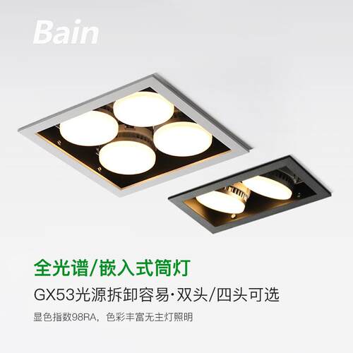 led长条格栅灯嵌入式全光谱客厅卧室方形双头四头筒灯GX53斗胆灯