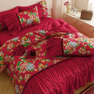 中国风大红色结婚四件套100支长绒棉东北大花袄数码 印花被套1.8米