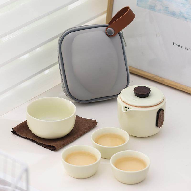 汝窑旅行茶具套装快客杯一壶四杯手抓壶户外出差便携式随身泡茶器