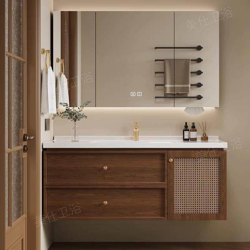 法式中古风藤编浴室柜红橡木组合卫生间陶瓷一体盆洗手洗脸洗漱台