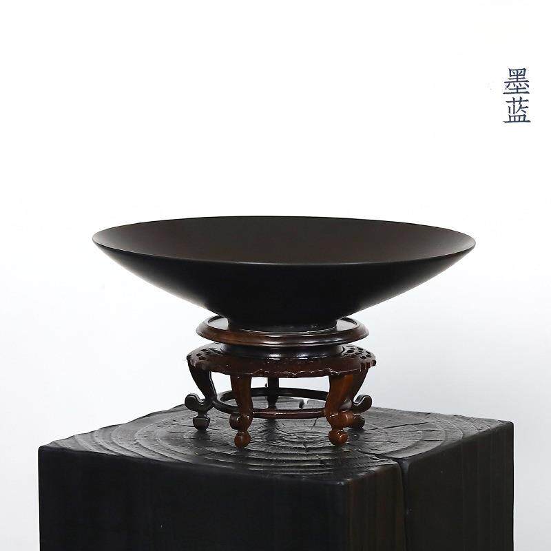 花器墨黑斗笠圆盘简约创意陶瓷插花水盘圆形花盆日式花道摆件
