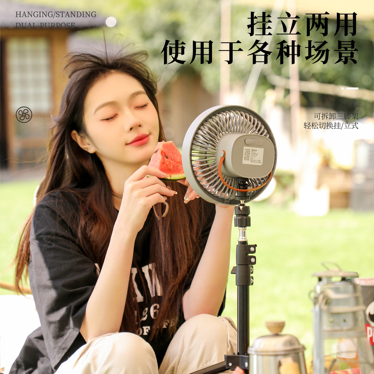 23新款露营风扇LED白昼灯便携式可拆卸三脚架桌面电风扇床头挂扇