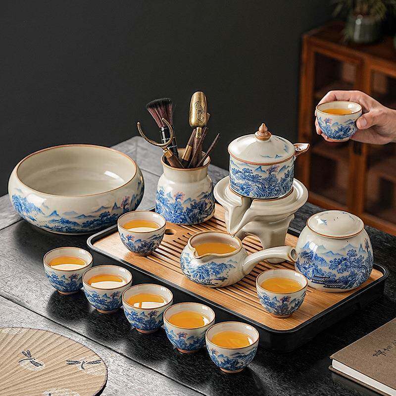 新中式黄汝窑山中仙境自动茶具茶具套装可养开片陶瓷品茗杯
