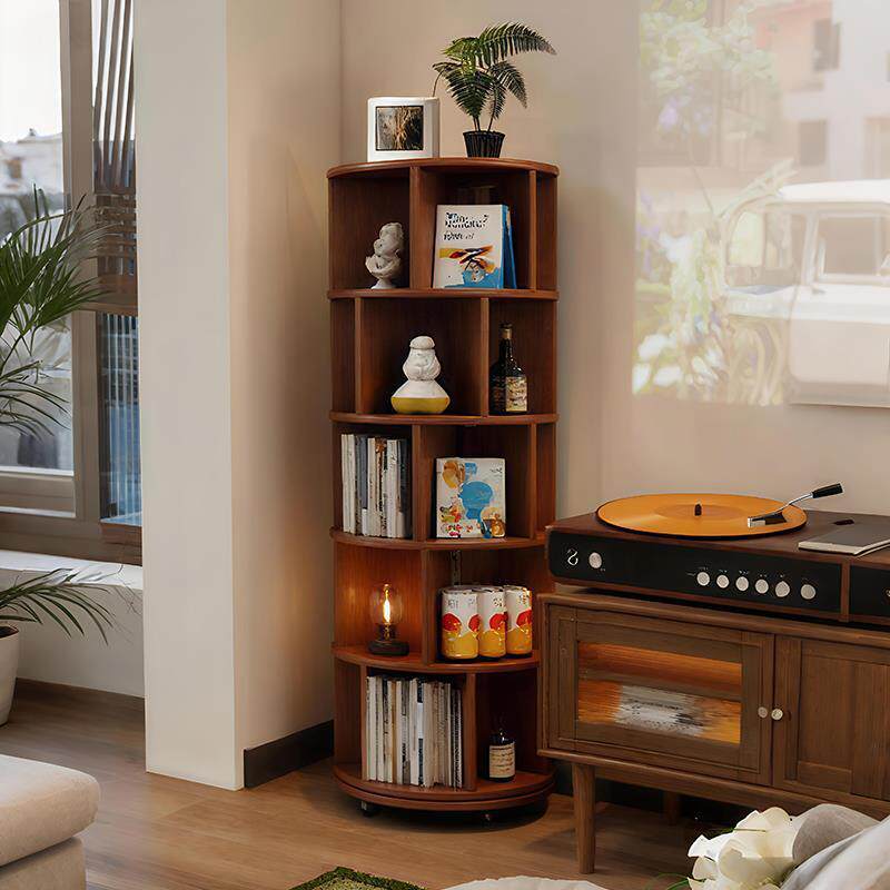 实木旋转书架客厅一体靠墙可移动书柜360度落地置物架圆形转角柜