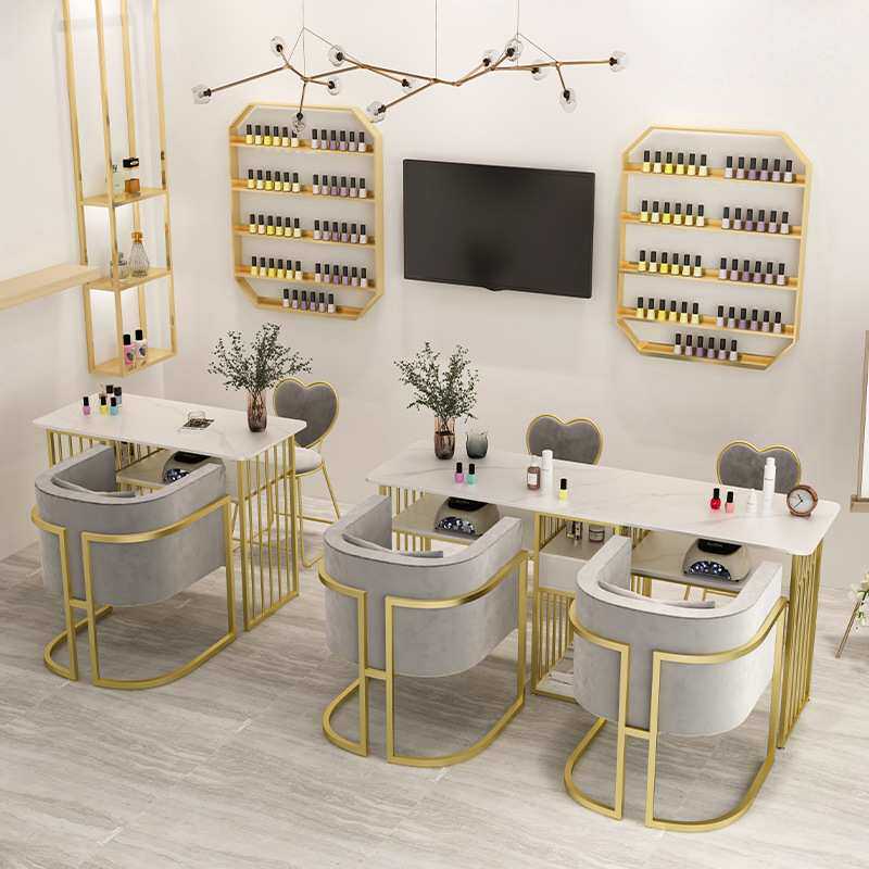 北欧网红大理石美甲桌铁艺轻奢单双人美甲桌椅套装单人沙发椅