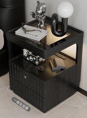 实木床头柜黑色简约现代卧室床边收纳柜带锁储物柜带灯充电置物柜