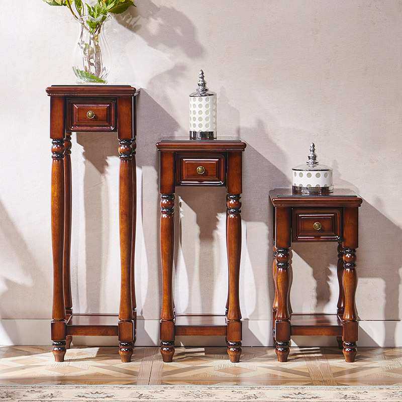 美式乡村仿古客厅带抽屉方花架置物三角架落地花几花台全实木花架