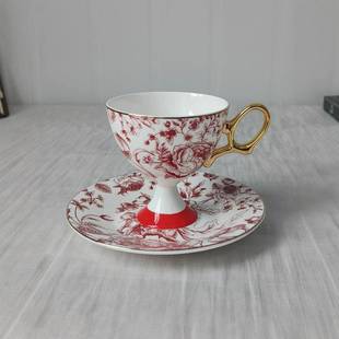 亿联雅 清新花鸟陶瓷高脚咖啡杯套装花草图案创意办公用品