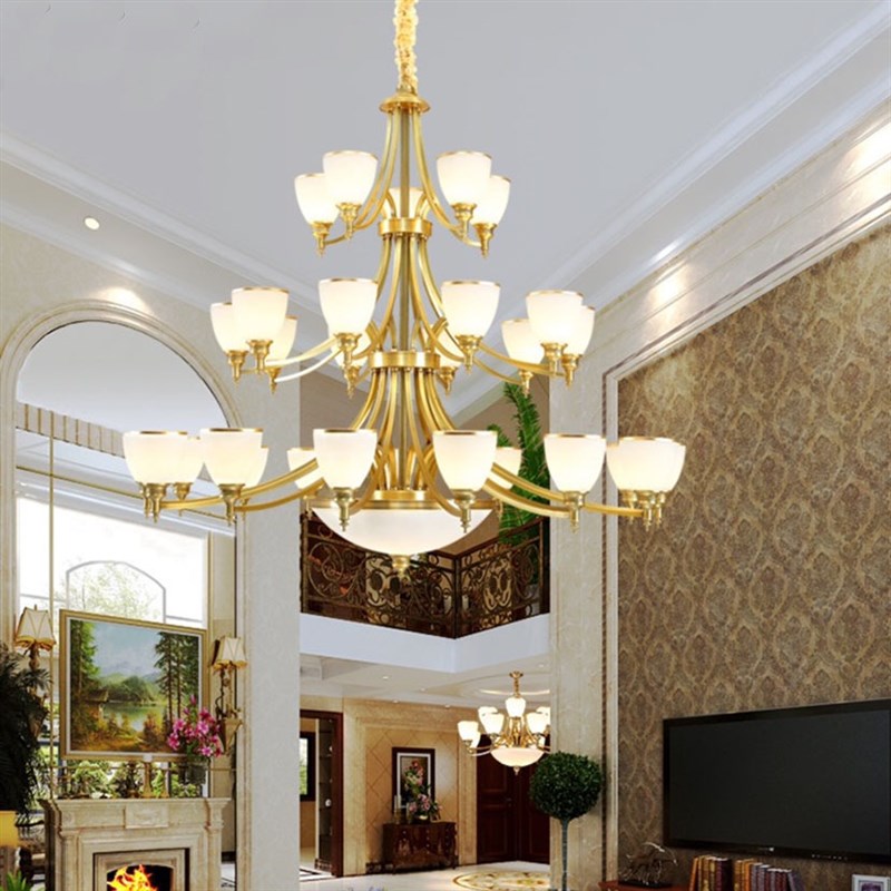 别墅大厅吊灯美式全铜复式楼挑空三层大吊灯奢华大气欧式客厅主灯