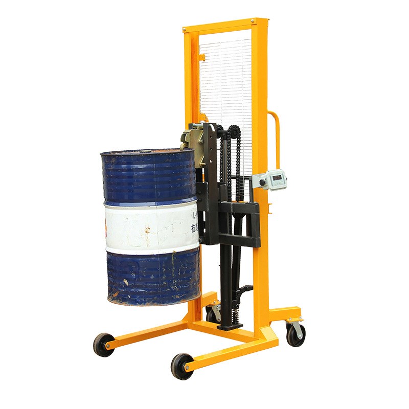 爵力手动油桶翻转倒料车圆桶升高车升降车脚踏式带秤重搬运堆高车