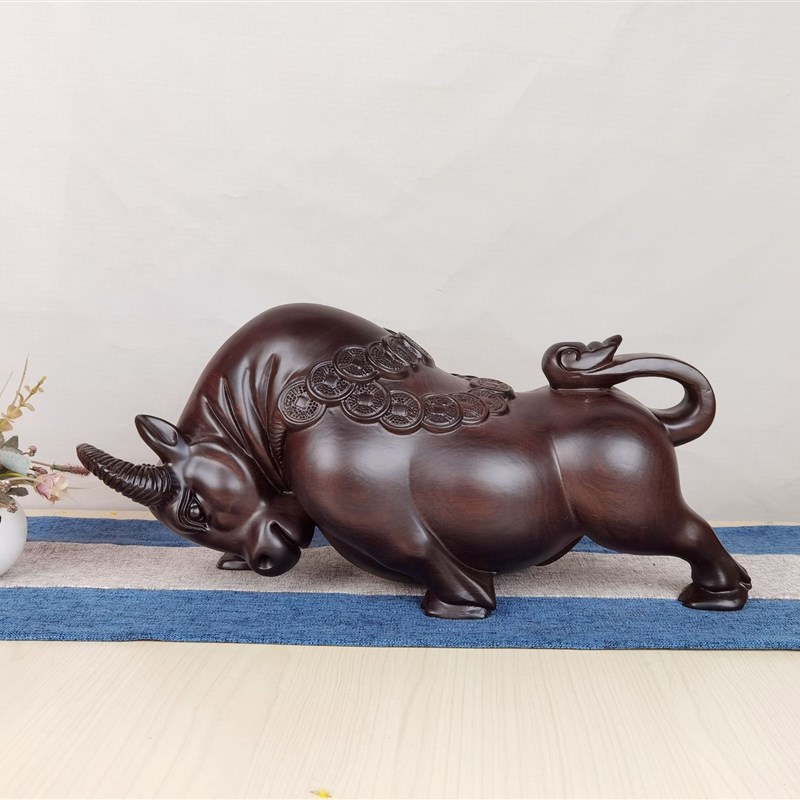 花梨金钱牛摆件实木牛气冲天动物生肖木雕创意家居工艺装饰礼品