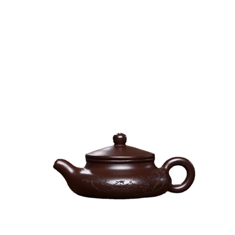 宜兴原矿石红紫砂壶寒梅虚扁泡茶壶全手工刻绘家用茶壶茶具