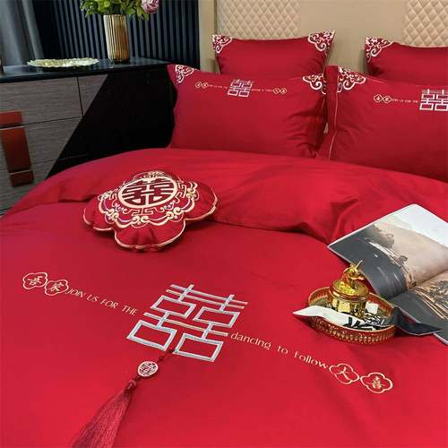 婚庆长绒棉大喜刺绣款床单被套结婚四件套床上用品