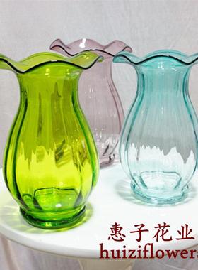 浮雕水纹荷叶口中号玻璃花器花插花瓶工艺品水培花插34347
