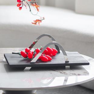 现代手提金属拱桥托盘摆件家居客厅实木收纳盘提盒样板房软装饰品