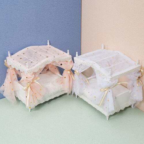 1:12娃娃屋配件dollhouse木质迷你家居卧室梦幻星月网纱公主床