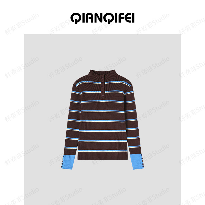 1-23F【纤奇菲】 复古高级感撞色条纹扣子半高领针织衫81104-7566,女装/女士精品,毛针织衫,淘宝优惠券,粉丝福利购,淘宝优惠卷