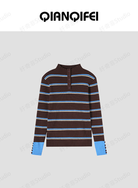 1-17F【纤奇菲】 复古高级感撞色条纹扣子半高领针织衫81104-7566