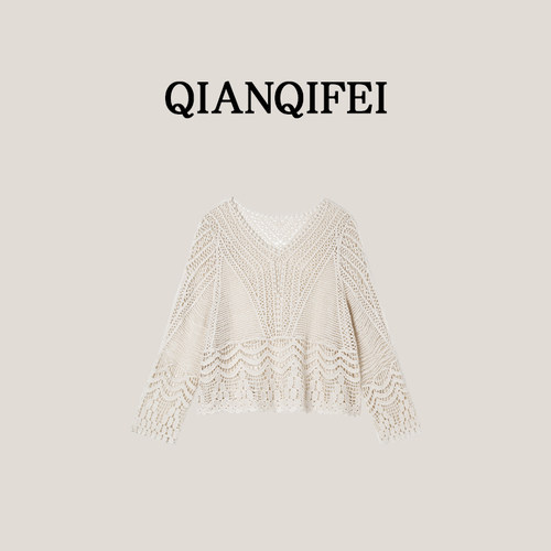 4-7F【雾屿织光】波西米亚风镂空V领针织衫 91007-86374