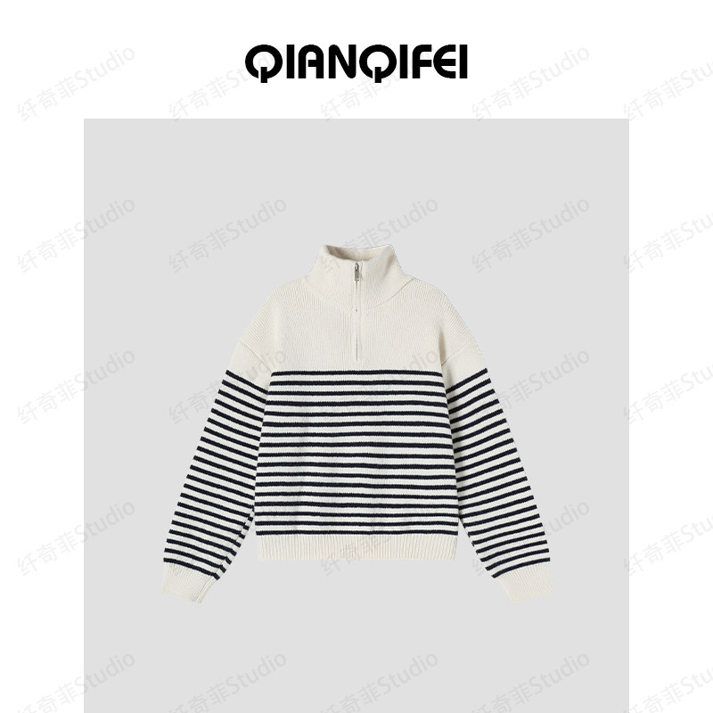 11.21F【纤奇菲】新款韩系拼条纹高领半拉链毛衣 81003-8630
