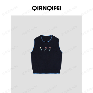 27H 81003 纤奇菲 甜美郁金香提花撞色毛衣马甲 8619 新款