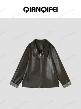 3-23H B【胶片皮衣】新款时尚拼接格纹袖休闲短外套 81033-9827