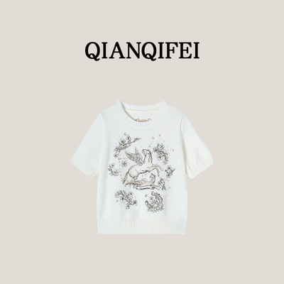 3-13H【纤奇菲】新款重工卡通刺绣圆领短袖针织衫 81104-10032
