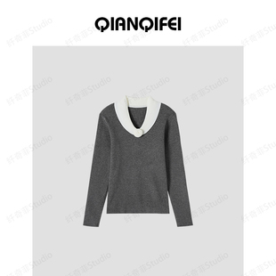 27H 81104 纤奇菲 撞色立体花小V领气质针织衫 J6960 新款