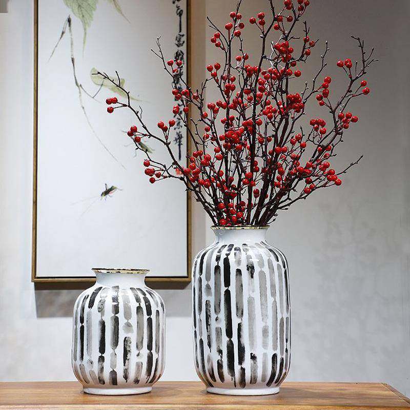 现代新中式轻奢黑白陶瓷花瓶样板房软装配饰客厅电视柜陶罐插花器
