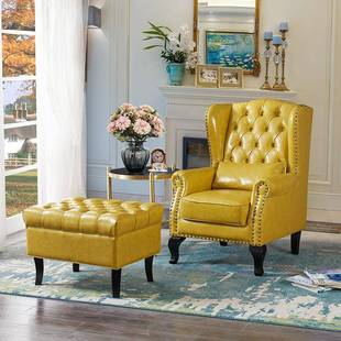 单人沙发美式休闲皮沙发高背皮质沙发椅凳脚踏组合美式乡村老虎椅