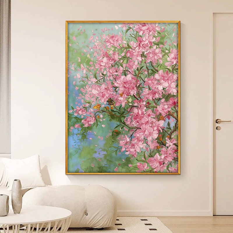 世界名画奶油风粉色桃花装饰画客厅餐厅卧室挂画多巴胺粉色挂画竖