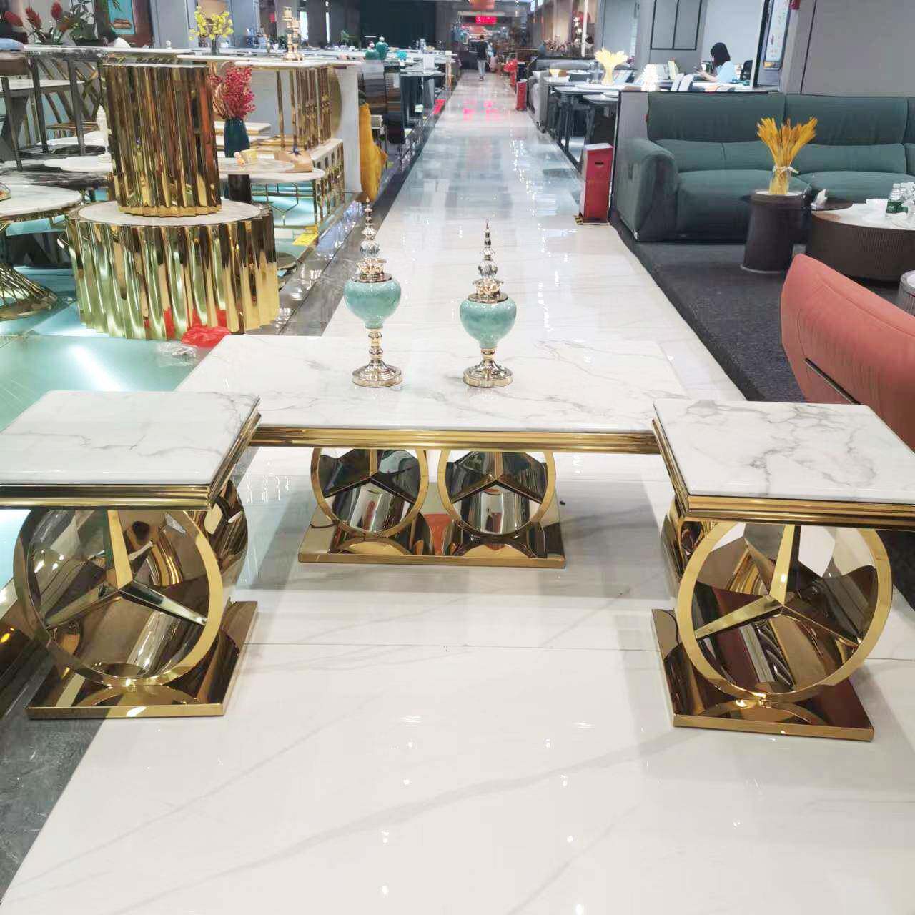 抛光电镀奔驰镂空金色餐桌架办公家具五金钢架镀钛金不锈钢茶几