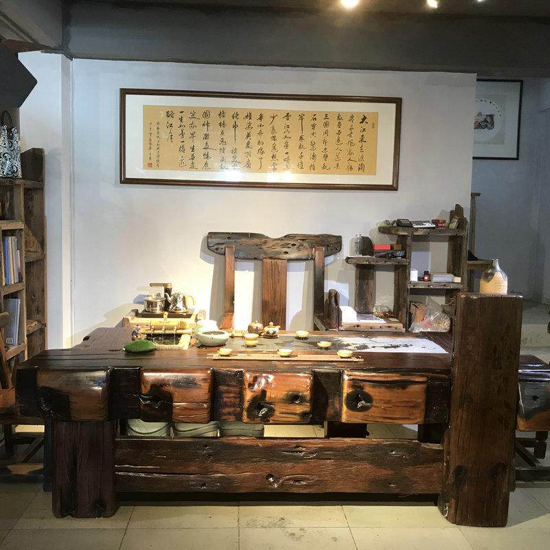 老船木茶桌椅组合老石槽流水茶艺桌茶几实木家具一体套装船木茶台