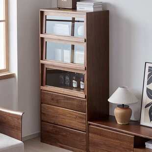 全实木玻璃翻门电视柜边柜客厅黑胡桃木立柜家用靠墙收纳展示高柜