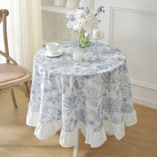 乐轩秀法式全棉蓝色绣花防水防油裙摆荷叶木耳边茶几台布餐桌布