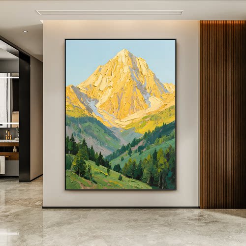 手绘日照金山客厅沙发背景墙挂画