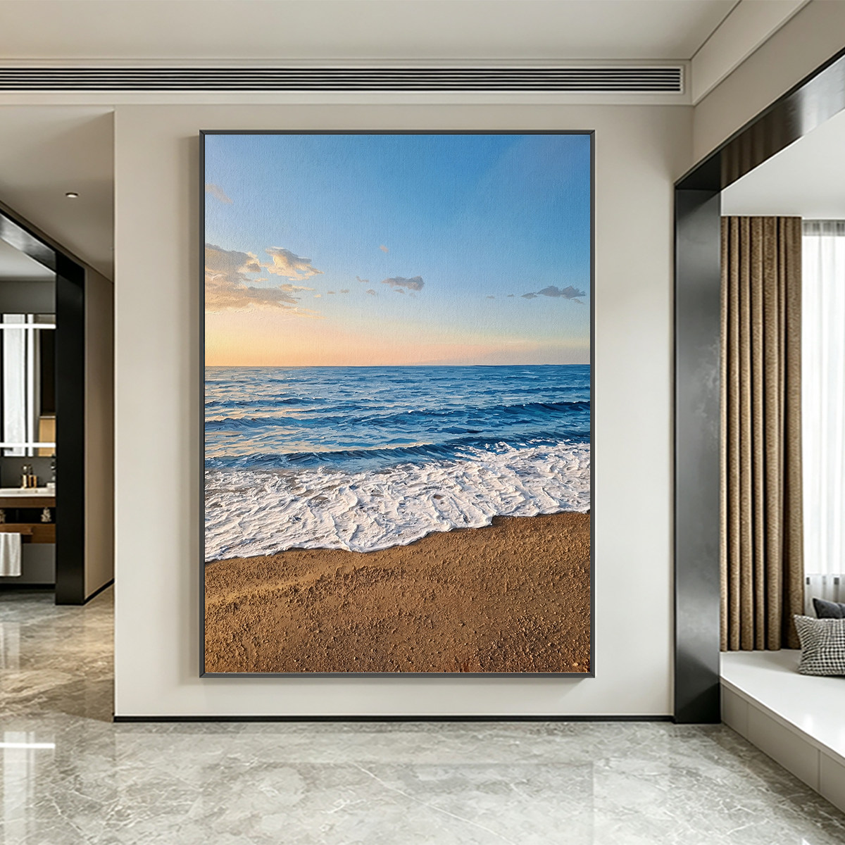 砂岩油画布肌理感海浪沙滩壁画客厅沙发背景墙装饰画玄关竖版挂画